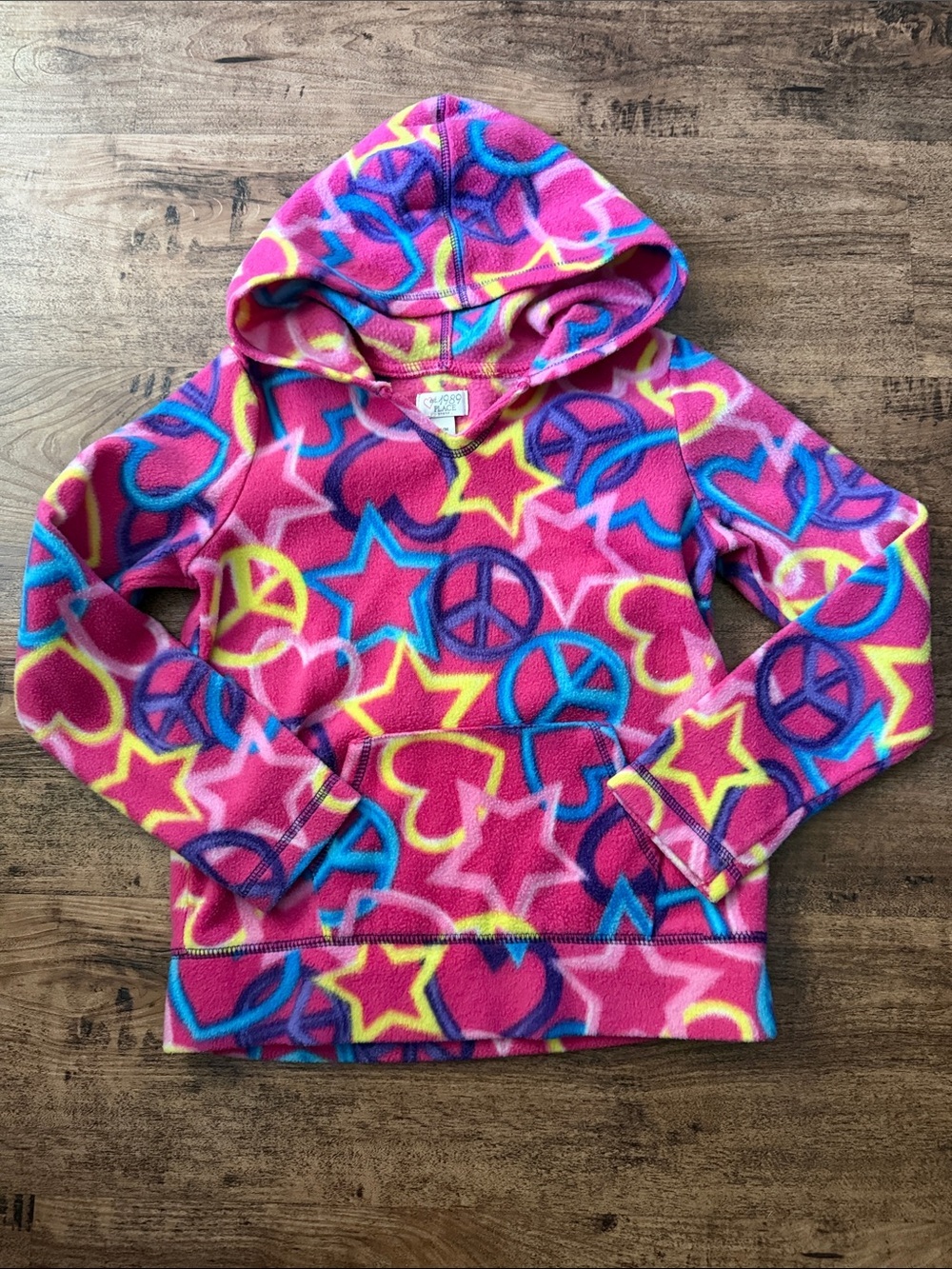 Kids Plush Hooded Pullover - Pink Star & Peace Print